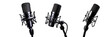 © Thanapipat - Three stylish black microphones arranged  ideal for music, podcasting or broadcasting. Perfect for audio recording. isolated on a transparent background