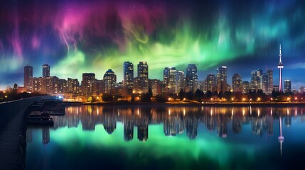 Wall Mural - Aurora borealis, northern lights over the city of Toronto, Canada