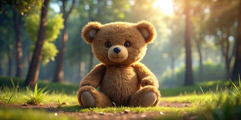 realistic outdoor animated teddy bear with a cute appearance, teddy bear, cute, realistic, outdoors,