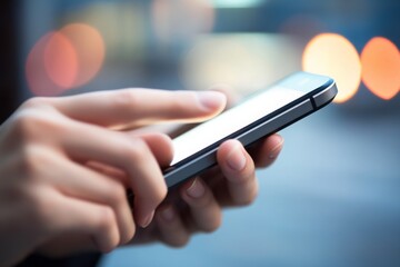 Wall Mural - Close-up of hands typing on a mobile phone in a professional business setting, highlighting communication and connectivity.