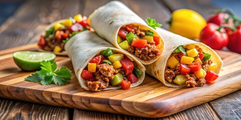 Wall Mural - Close-up of Mexican style burritos with spicy minced meat, vegetables, and pineapples on a wooden chopping board, Mexican