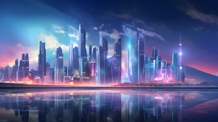 Wall Mural - Panoramic view of the modern city at night. Vector illustration