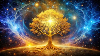 golden glowing tree of life in cosmic space background, tree of life, golden, glowing, cosmic, space