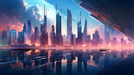 Wall Mural - Futuristic city panorama with skyscrapers and neon lights