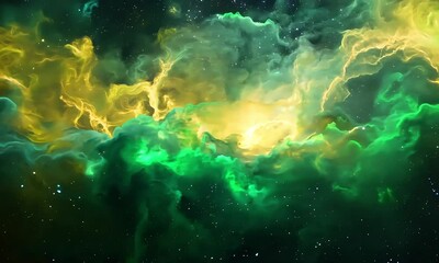 Wall Mural - A vivid green and yellow nebula glows intensely in the vastness of space