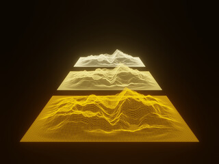 Yellow holographic mountain. Grid topographic data.