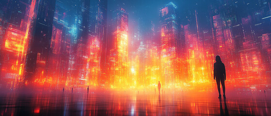 A futuristic cityscape bathed in vibrant neon colors, featuring silhouettes of people against a glowing urban skyline.