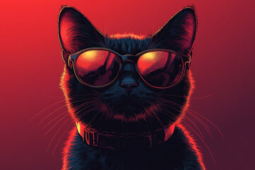 A stylish black cat wearing sunglasses, exuding coolness against a vibrant red background, perfect for modern pet aesthetics.