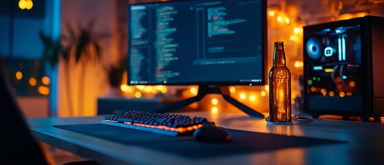 Cozy home office setup with a computer monitor displaying code, keyboard, mouse, and a bottle, illuminated by warm ambient lighting.