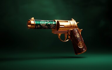 Luxury gold and green decorated handgun on dark green background for premium weapon collection or high-end artistic display