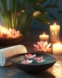 © SUNSU - Serene Spa Ritual: A close-up of a wooden bowl filled with water and floating lotus flowers, surrounded by lit candles and a soft towel, creating a tranquil and inviting spa atmosphere.