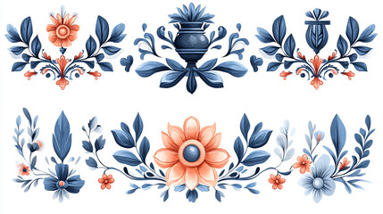 Charming floral patterns in blue and coral hues, perfect for decorative designs, fabric, and artistic projects.