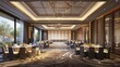© sablengjago - Modern banquet hall interior with black chairs and white linens, large windows with a view of trees and a gold chandelier.