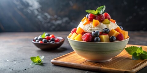 Wall Mural - Bingsu dessert with mixed fruit toppings on background, Bingsu, dessert, Korean, shaved ice, fruit, mixed fruit, refreshing