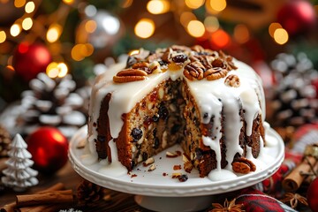 Wall Mural - Christmas pudding-style cake with white glaze, nuts, and dried fruits on top, cut in half 