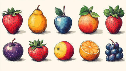 Vibrant collection of hand-drawn fruits including strawberries, apples, oranges, and more. Perfect for fresh designs.