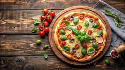 Top-down shot of a freshly baked pizza on a wooden board with melted cheese and toppings oozing off the edges , pizza