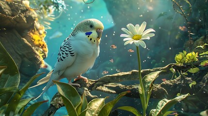 Wall Mural - A budgerigar and daisy on an underwater terrain