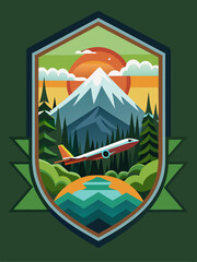 Wall Mural - Airplane Flying Over a Mountainous Landscape at Sunset