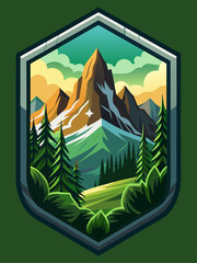 Wall Mural - Mountain Landscape with Pine Trees and Green Meadow in a Hexagon Frame