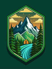 Wall Mural - Mountain Range Landscape with Cabin and River in a Shield Shape