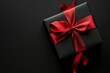 © MUdaylah - Top view photo of black gift box with red ribbon on black background with space for advertisement, black friday concept with generative ai