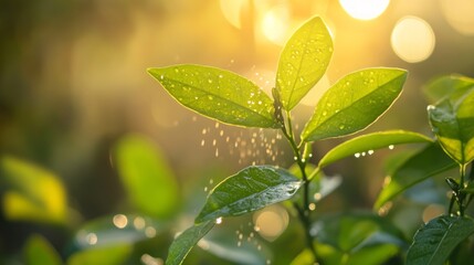 Bergamot and green spring leaf after spraying water by servant and blur foliage light bokeh background at sunset. Abstract Nature pattern. Agriculture and herb industry