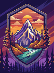 Wall Mural - Majestic Mountain Sunset Framed by Forest and Shield