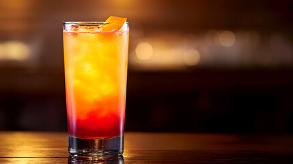 Tequila Sunrise in a tall glass, with vibrant layers of orange and red