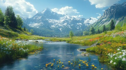 A peaceful mountain valley with a clear, flowing river and wildflowers in bloom