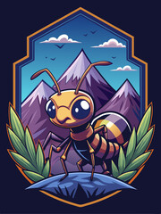 Wall Mural - Cartoon Ant Standing on a Mountaintop with Green Leaves