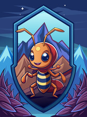 Cartoon Ant Standing In Mountain Landscape With Shield