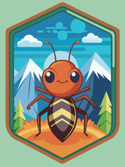 Wall Mural - Cartoon Ant Standing in Front of Mountains and Trees