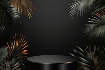 Two Podiums Composition on Black Background with Blurred Palm Leaves. Horizontal Banner for Black Friday Sale. Vector Illustration with generative ai