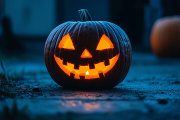  pumpkin with a smiley face on it is sitting on the ground. The pumpkin is orange and black, and it is lit up. Scene is festive and cheerful, as it is a Halloween decoration