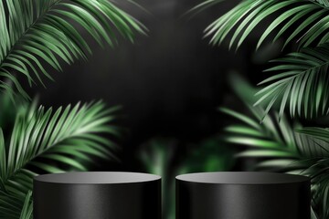 two podiums composition on black background with blurred palm leaves. horizontal banner for black fr