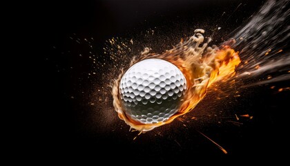 Wall Mural - ball and fire, golf ball on black background, dynamic image of a white golf ball engulfed in flames, streaking through the dark air, symbolizing power, speed, and intensity in the sport, making it vis