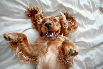 Wall Mural - A happy brown dog lies on a soft white bed. Its playful expression conveys joy and excitement. A perfect pet portrait for warmth and connection. Generative AI