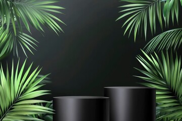 two podiums composition on black background with blurred palm leaves. horizontal banner for black fr