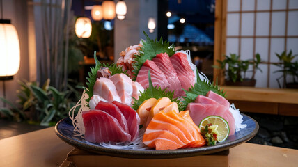 A beautifully arranged plate of assorted sashimi with fresh salmon, tuna, and white fish, served on a traditional Japanese plate, set against a soft restaurant ambiance. 