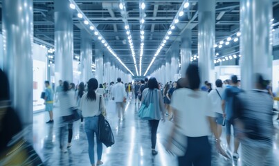 Wall Mural - Exhibition booth expo event trade fair hall with busy bustling people walking to conferences in a modern hall crowded business people with a bokeh effect. Generative AI