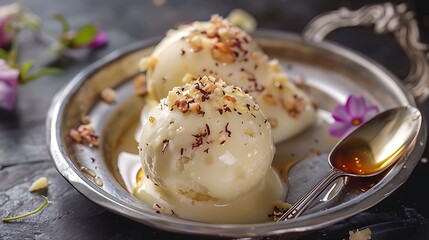 Wall Mural - A creamy kulfi served with honey and faluda on a steel platter with a spoon