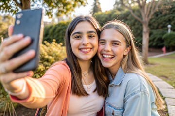 two girls with smartphone posing for a fun selfie outdoors