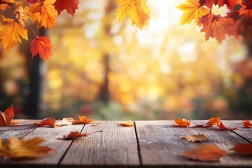 Wall Mural - wooden table and blurred Autumn background. Autumn concept with red-yellow leaves background with generative ai