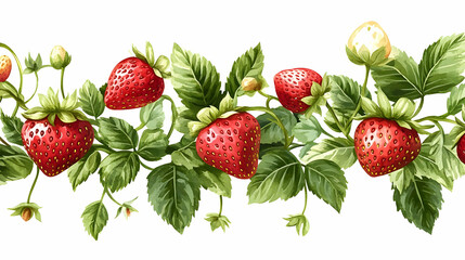 Wall Mural - Watercolor Strawberry Vine Seamless Pattern Border