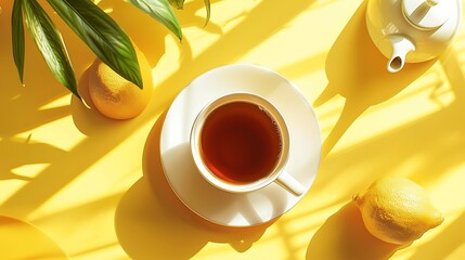 Wall Mural - A cup of tea on a yellow surface with a previous teapot and saucer