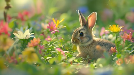 A cute and witty small easter bunny rabbit playing amidst springtime flowers