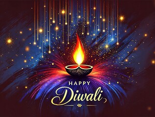 Poster - Happy diwali grunge illustration with burning diya lamp.