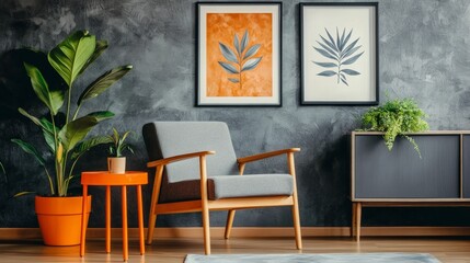 Wall Mural - Living room with gray wall posters, wooden chair, orange table with plant