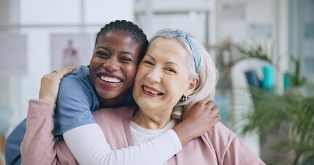 Wall Mural - Nurse, old woman and hug in portrait, elderly care and happiness with wellness, retirement home and health. Support, help and trust, people at hospital with friendship and caregiver with patient